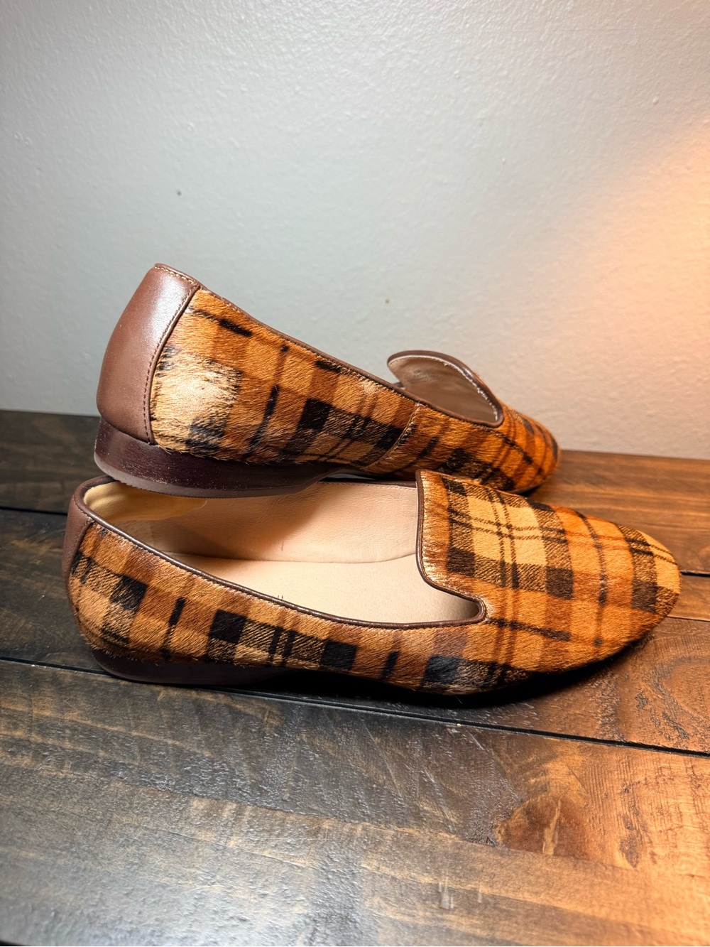 Antonio Melani Larrah Calf Hair Slip On Plaid Flat Shoes Loafers Size 8M Brown